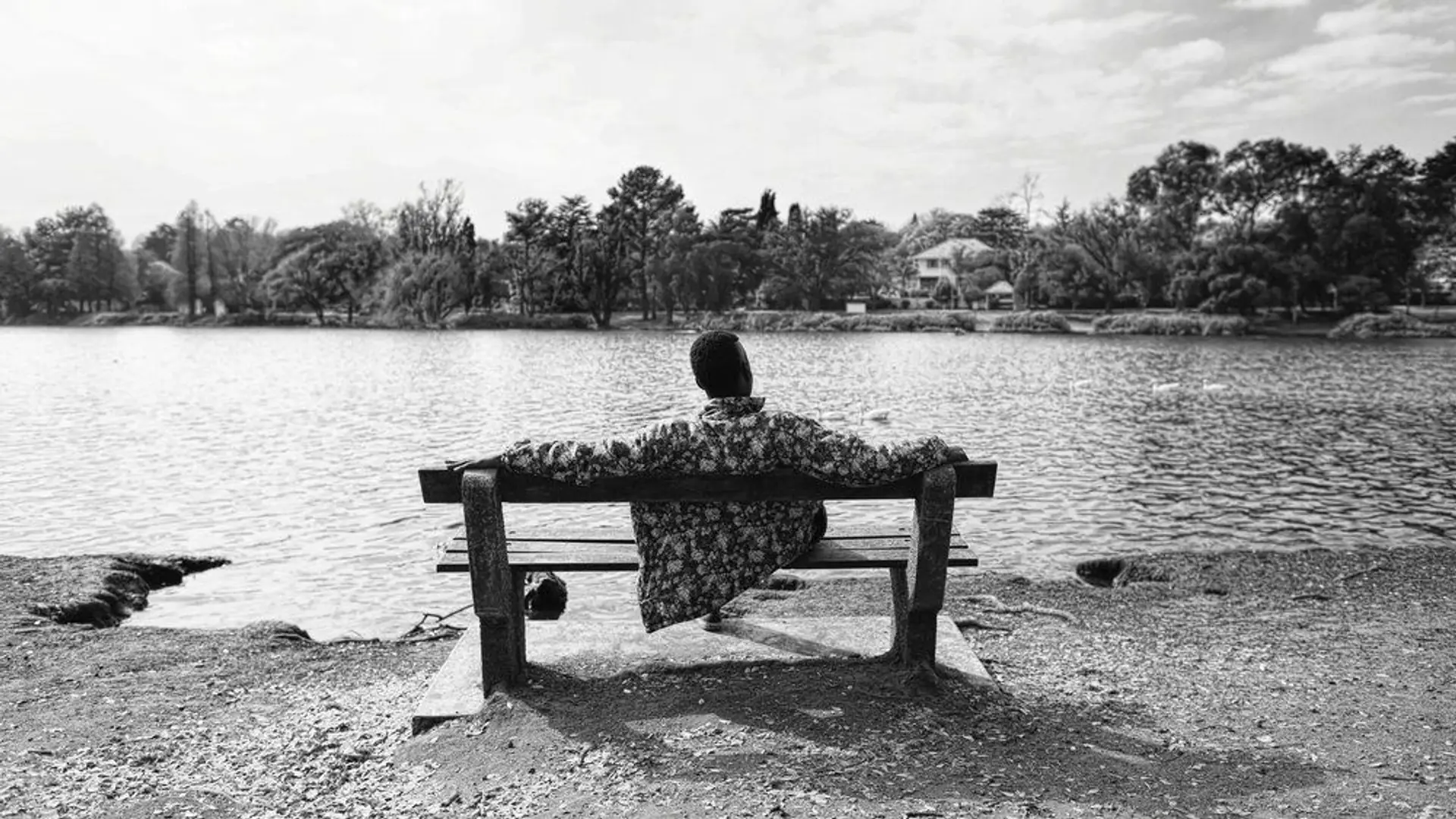 Man on a bench looking at a lake