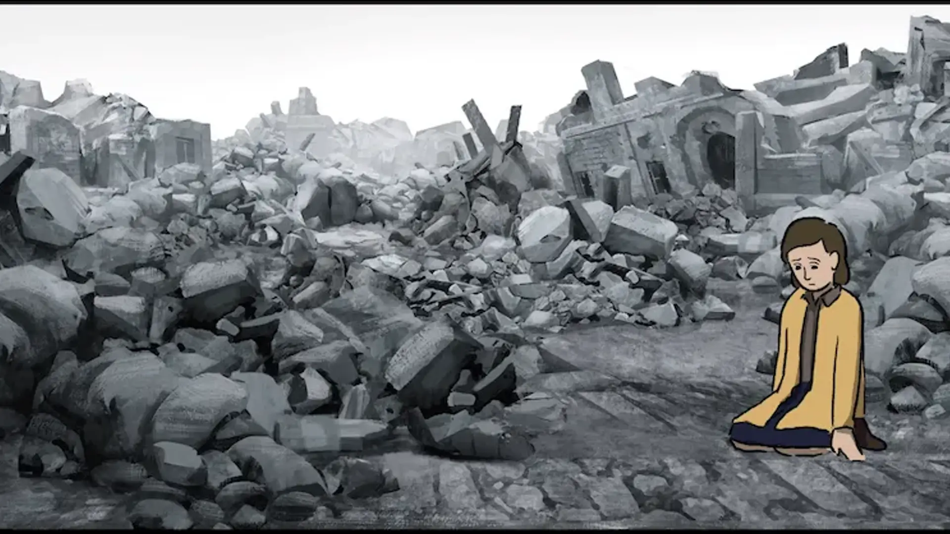 A character sitting in the Second World War rubble